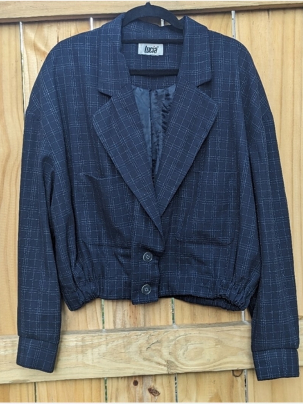 Navy Plaid Cropped Blazer Jacket